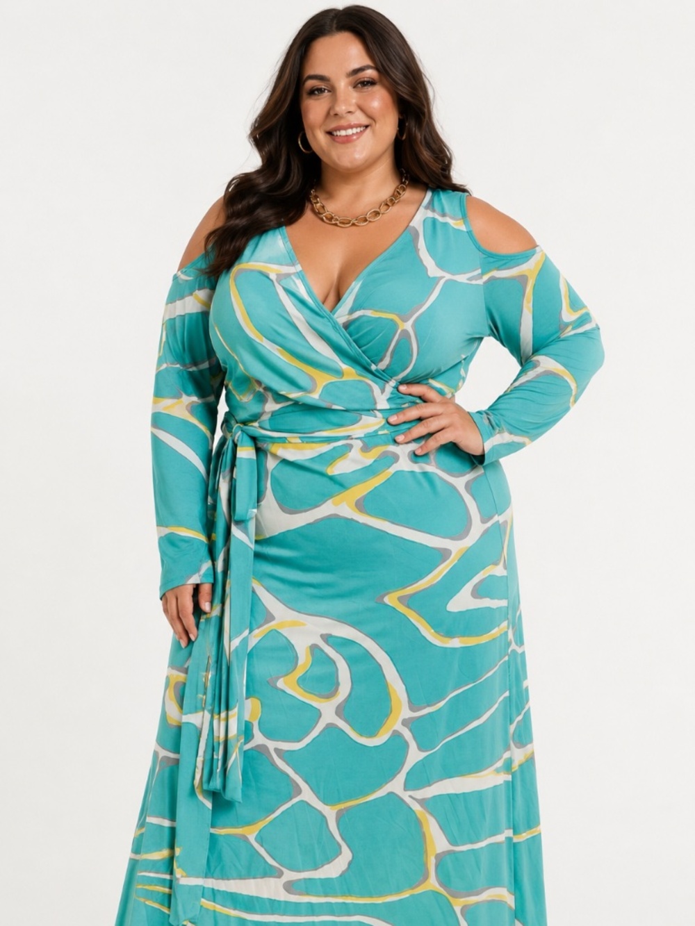 Ashley Stewart Cold-Shoulder Teal Print Wrap Maxi Dress Size 26/28